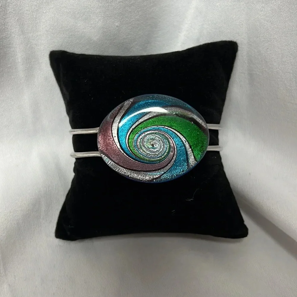 Green, Pink, Blue, Silver and Black Swirl Silver Bracelet